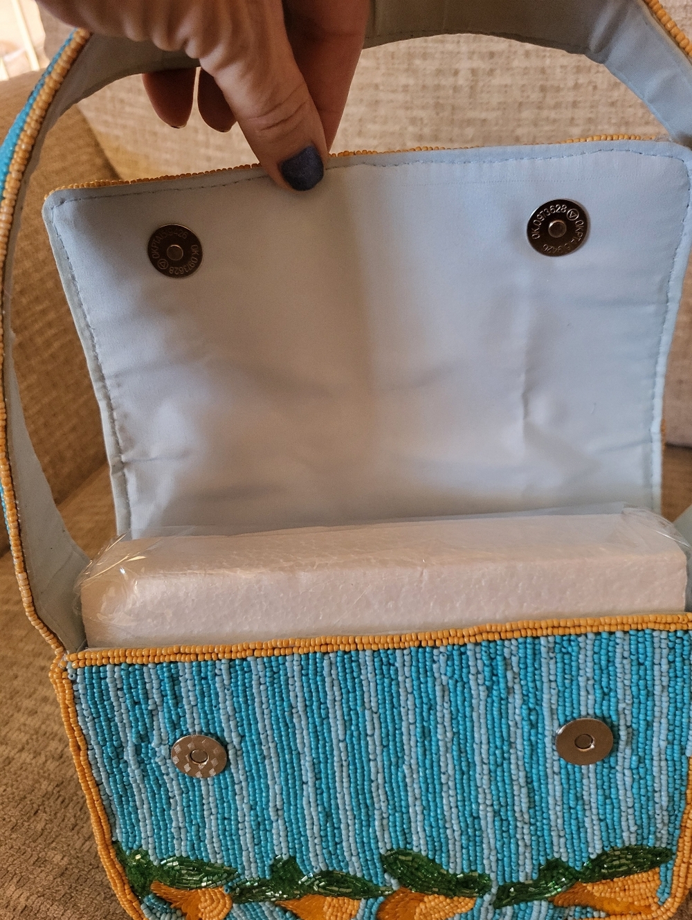 Hand-Beaded Blue & Gold Striped Lemon Motif Shoulder Bag. - Picture 14 of 16